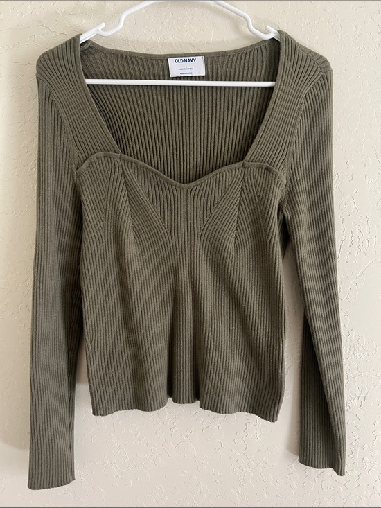 Old Navy Tops - Old Navy Olive Ribbed Sweetheart Long-Sleeve Top